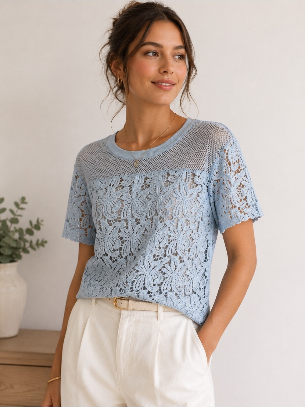 LOFT Pale Blue Lace & Mesh Short Sleeve Blouse Size XXSP Cottagecore Feminine